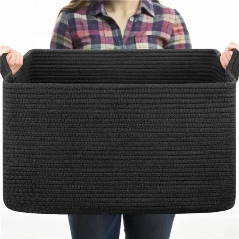Large Black Woven Blanket Basket Cotton Rope Storage Bin for Toys Towels Laundry